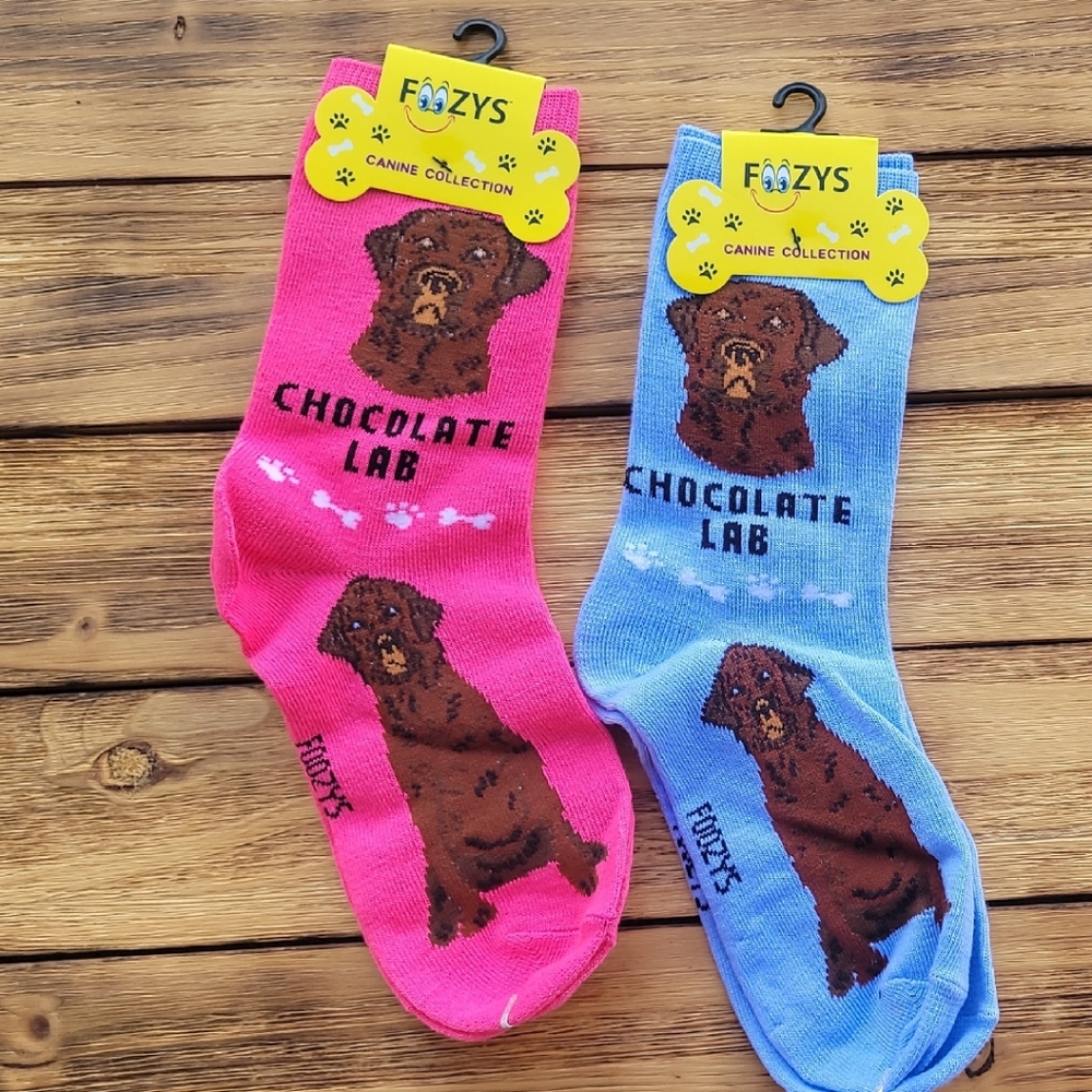 NWT Foozys Chocolate Lab Socks - Pink and Light Blue 2 Pair Set - Unisex